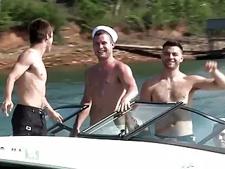 Hot summer threesome on a boat with hung hunks  