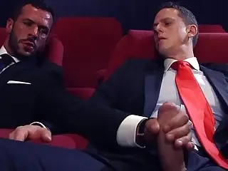 Hunks in suits strip for anal sex at the cinema